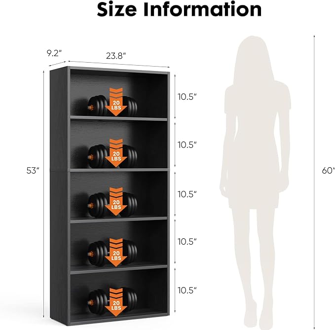 HealSmart 5 Tier Bookcase, Industrial 5 Book Shelf, 9.2" D x 23.8" W x 53" H - Image 3