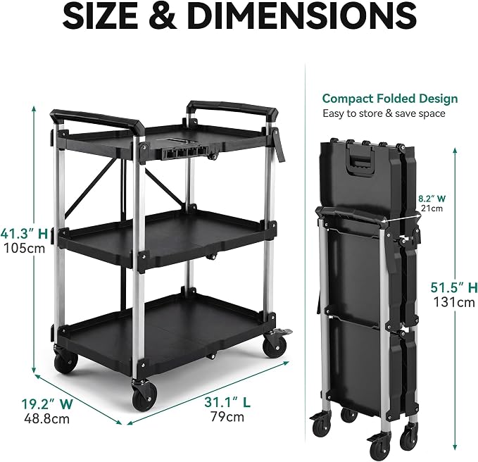 YITAHOME 3-Tier Large Folding Utility Cart w/Wheels, 300lbs | Foldable Service - Image 8