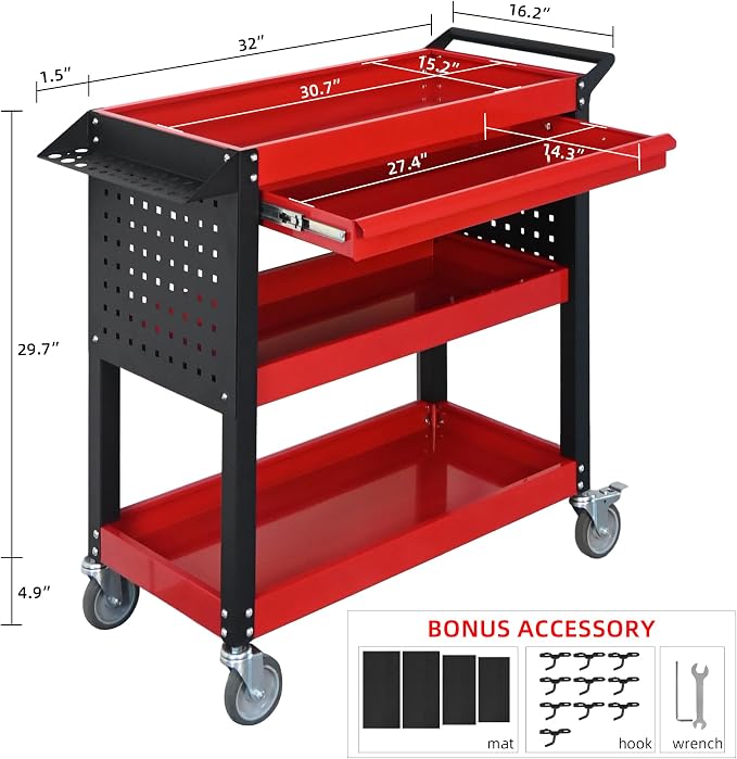 3 Tier Tool Cart on Wheels, Heavy Duty Metal Rolling - Image 2