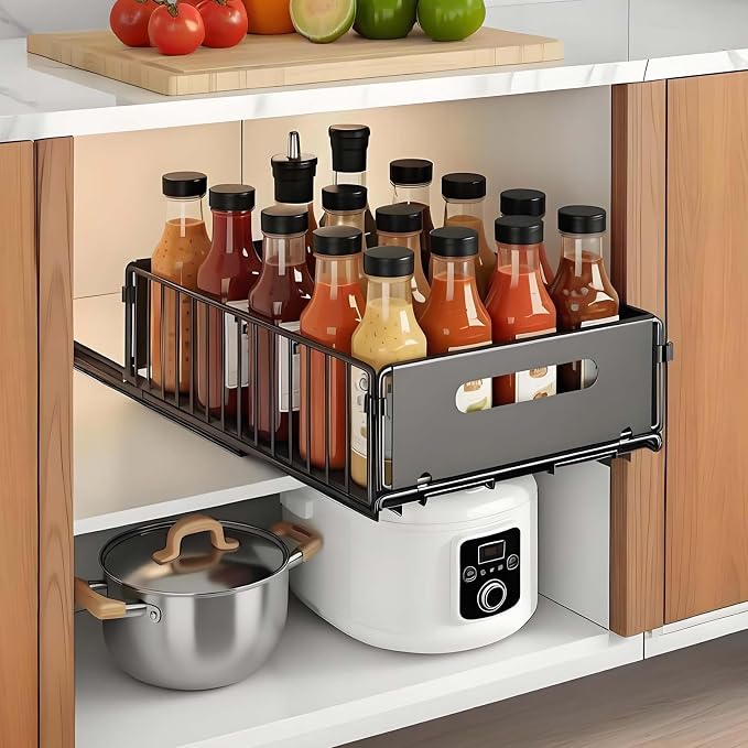Slide-Out Storage Organizer 9.6"x14.8"x4" Matte Black Rustproof Carbon Steel by MGMGART