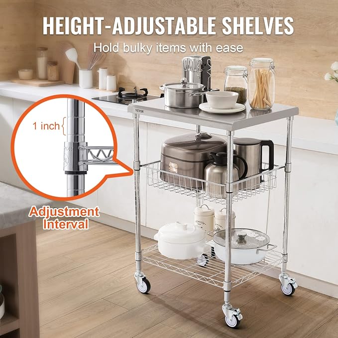 VEVOR Kitchen Utility Cart, 36.6"x20"x24" 3 Tiers Wire Rolling Cart, 470LBS - Image 4