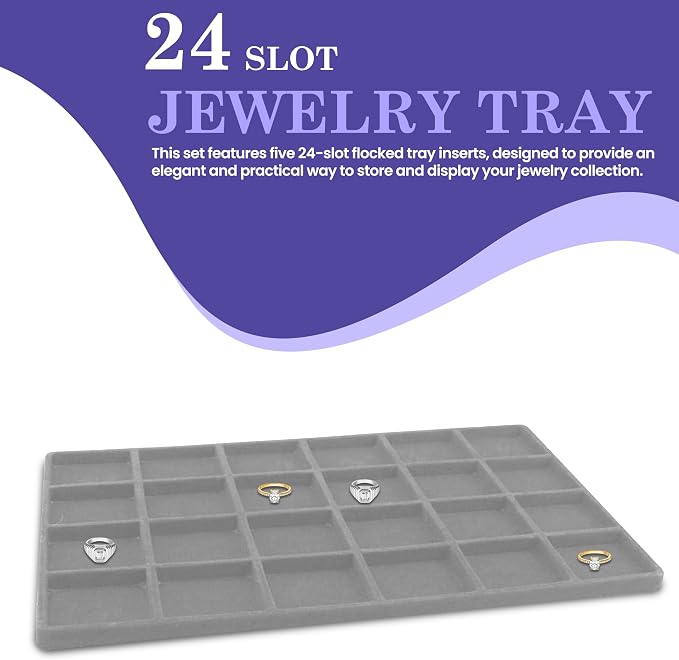 Novel Box 5 Pack 24-Slot Gray Liner Jewelry Storage Tray Inserts 14.75x8.25x1 - Image 3
