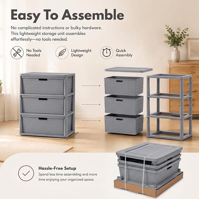 Wide 3 Drawer Plastic Storage Tower Organizer, Tool-Free Assembly Drawer Unit - Image 7