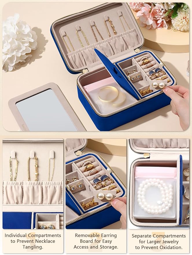 Velvet Travel Jewelry Box with Large Mirror, Double-Layer Jewelry Organizer Case - Image 3