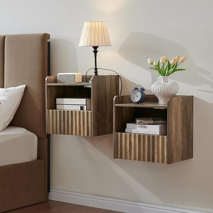 Modern Fluted Floating Nightstand Wall Mounted Set of 2- Bedside Table by BuildHom