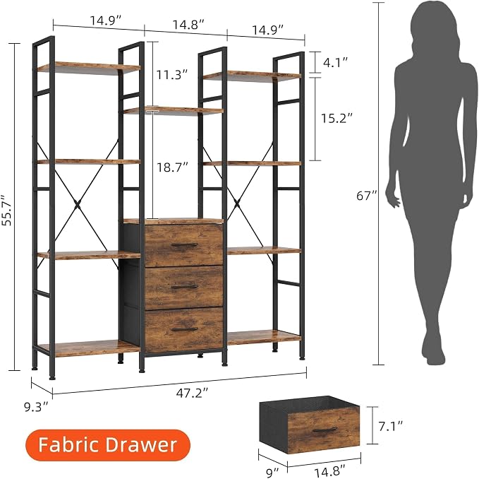 AFLUI Triple Bookshelf with 3 Fabric Drawers, 4-Tier Book Shelf and 10 Display - Image 3