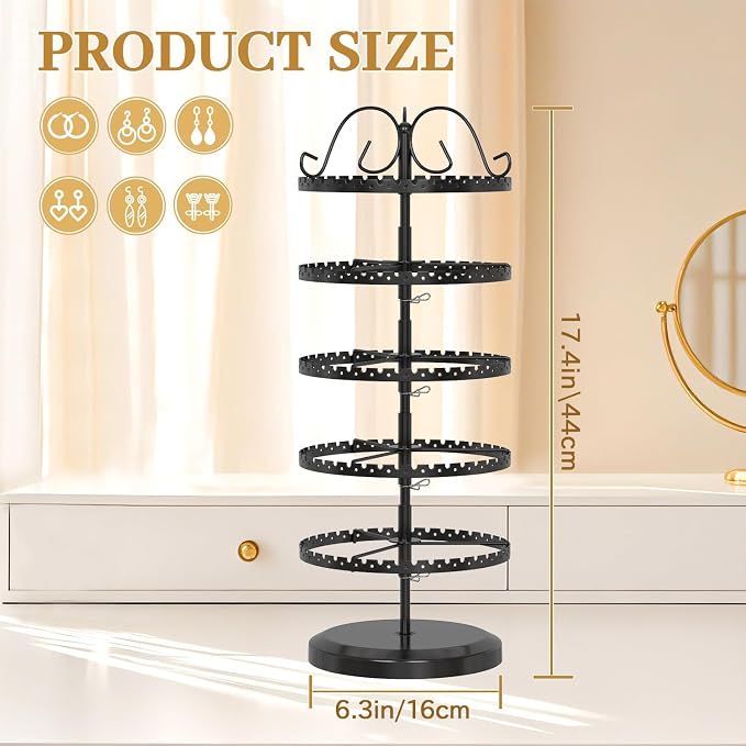 MODOWEY 5 Tier Rotating Earring Holder Organizer Stand, Adjustable Metal - Image 3