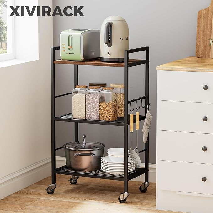 3-Tier Metal Storage Rack with Industrial Wheels, Mesh Shelving Unit with - Image 2