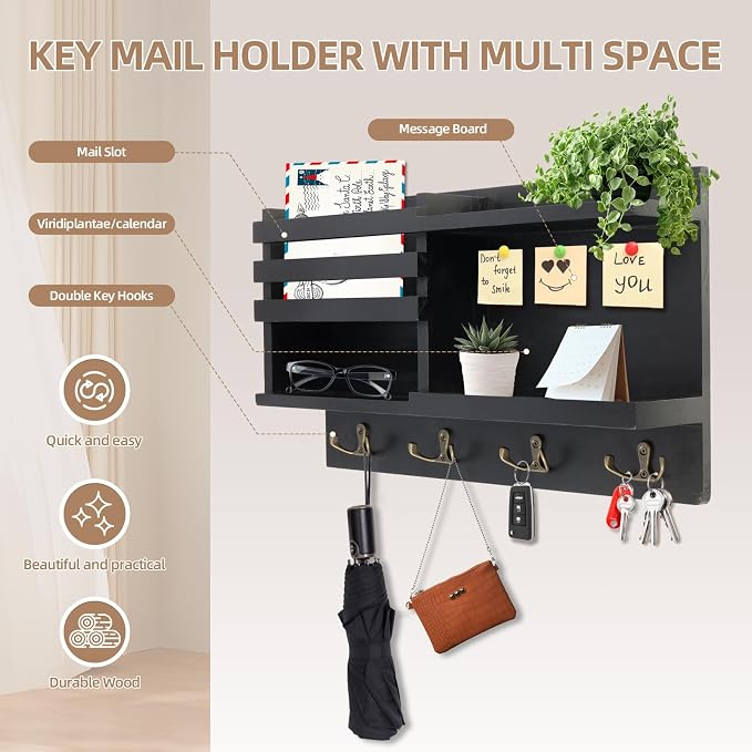 Key Holder Wall Mount, Solid Wood Key and Mail Organizer - Image 2