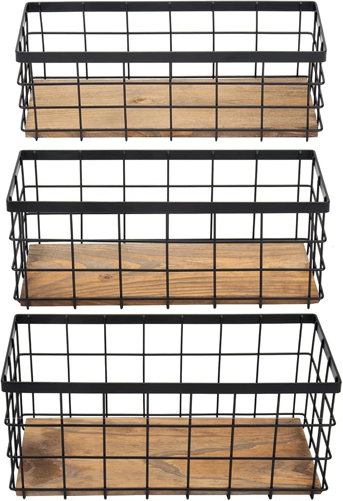 TIEYIPIN Farmhouse Decor Metal Wire Storage Baskets, Wood Base Containers by TIEYIPIN