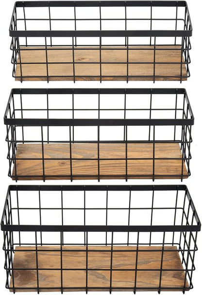 TIEYIPIN Farmhouse Decor Metal Wire Storage Baskets, Wood Base Containers by TIEYIPIN