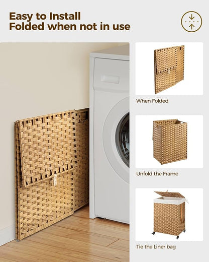 Greenstell Laundry Hamper with Wheels, No Install Needed, 90L Divided Handwoven - Image 8