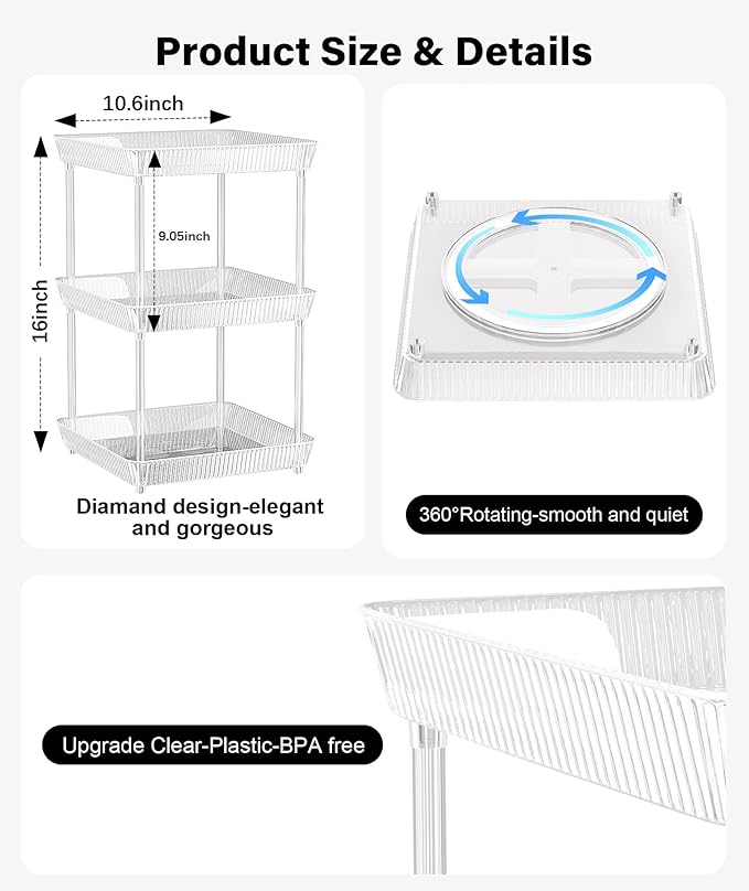 3 Tier Lazy Susan Bathroom Countertop Organizer, 360° Clear Rotating Square - Image 6