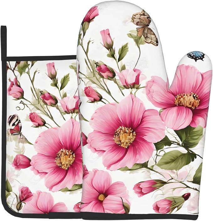 Garden with Birds and Flowers Gloves and Mats Set-Heat-Resistant Kitchen Gloves - Image 9