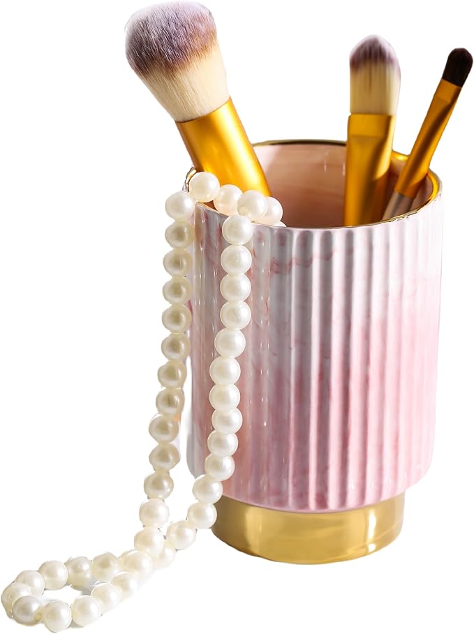 IEEK Pink and Gold Makeup Brush Holder Organizer, Glass Cosmetics Brushes Cup by IEEK