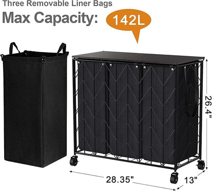 WOWLIVE Laundry Basket with Wheels, 142L Hamper 3 Section with Lid, Dirty - Image 4