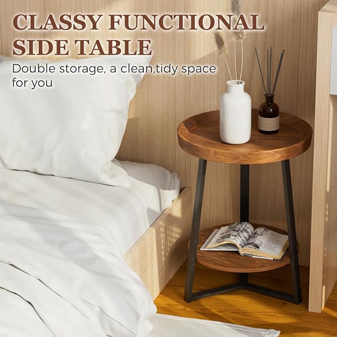 Gadroad Round End Table with Storage Shelf, 2 Tier Farmhouse Side Table - Image 6
