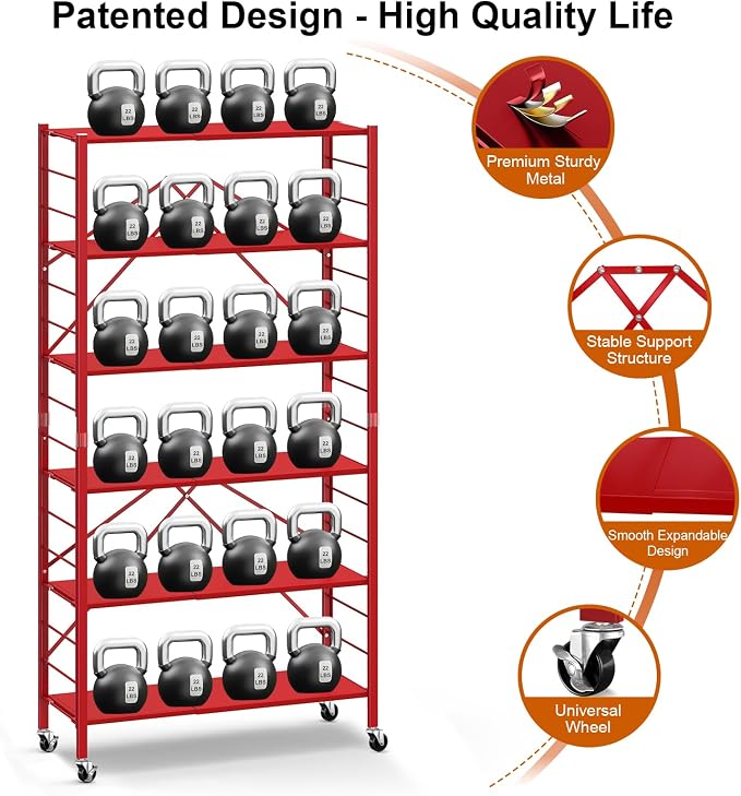 Himix 6-Tier Expandable Storage Shelves Wheels Foldable Rack Red No Assembly - Image 6