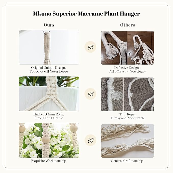 Mkono Macrame Plant Hanger Indoor 35 Inch Hanging Planter Basket Ivory 1Pc | - Image 5