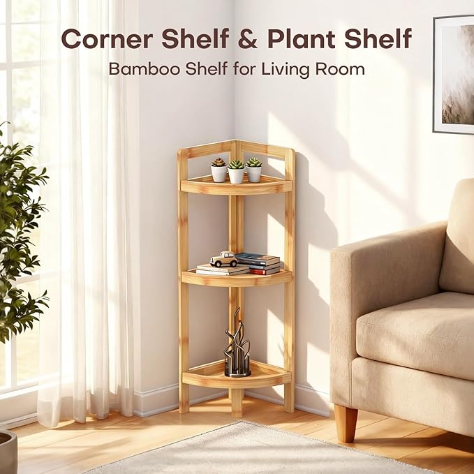 2026 New Bamboo Standing Shelf, 3 Tier Corner Shelf Stand, Free-Standing Shelf - Image 7