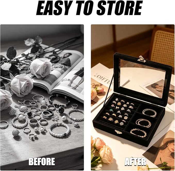 Small Velvet Jewelry Tray with Clear Lid, 2-in-1 Black | Lockable Ring Earring - Image 5