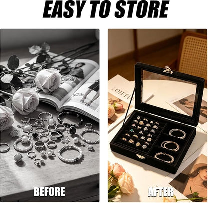 Small Velvet Jewelry Tray with Clear Lid, 2-in-1 Black | Lockable Ring Earring - Image 5