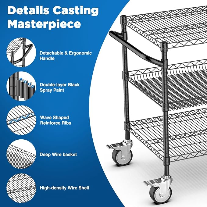 Leteuke 1120LBS Heavy Duty Rolling Utility Cart, 3 Tier Rolling Carts - Image 3