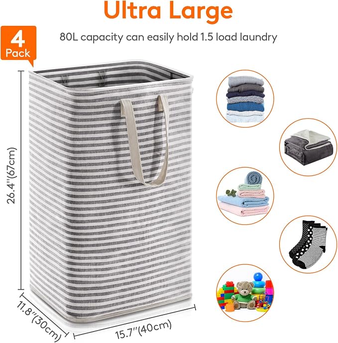 Lifewit 4 Pack Laundry Basket 80L Each, Collapsible Clothes Hamper - Image 3