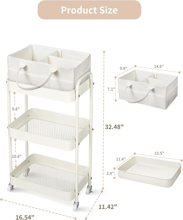 Fortella Baby Diaper Caddy, 3 Tier Rolling Storage Cart - Image 7