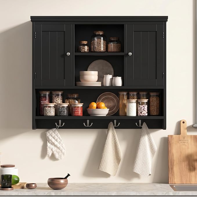 Bathroom Wall Cabinet with Doors and Hooks, 3-Tier Wall Mounted Cabinet | - Image 8