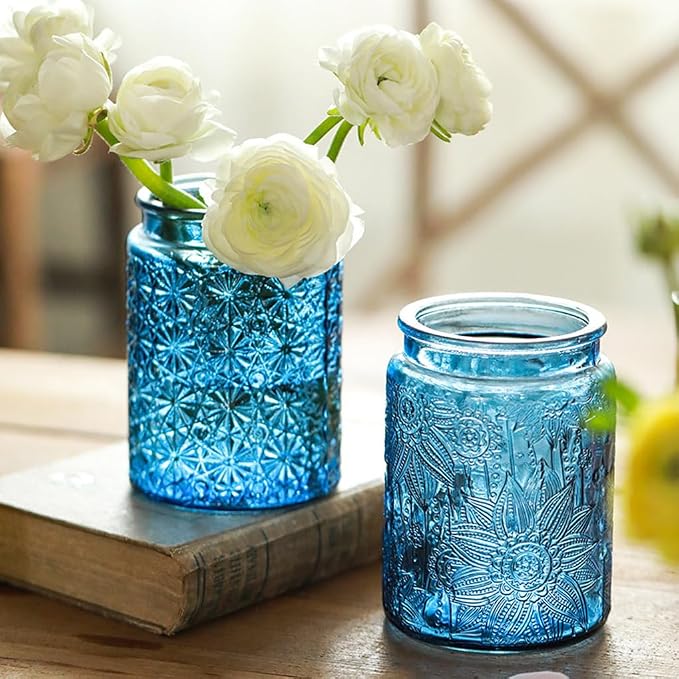 Set of 2 Vintage Blue Glass Storage Jars, 23.7 oz Mason Jars - Image 3
