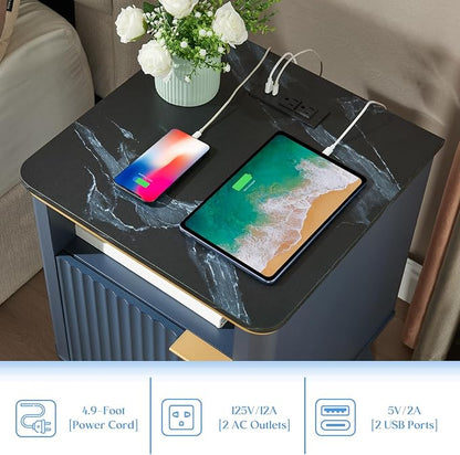 QUW Fluted Nightstands with Charging Station, Wooden Bedside Table with Faux - Image 4