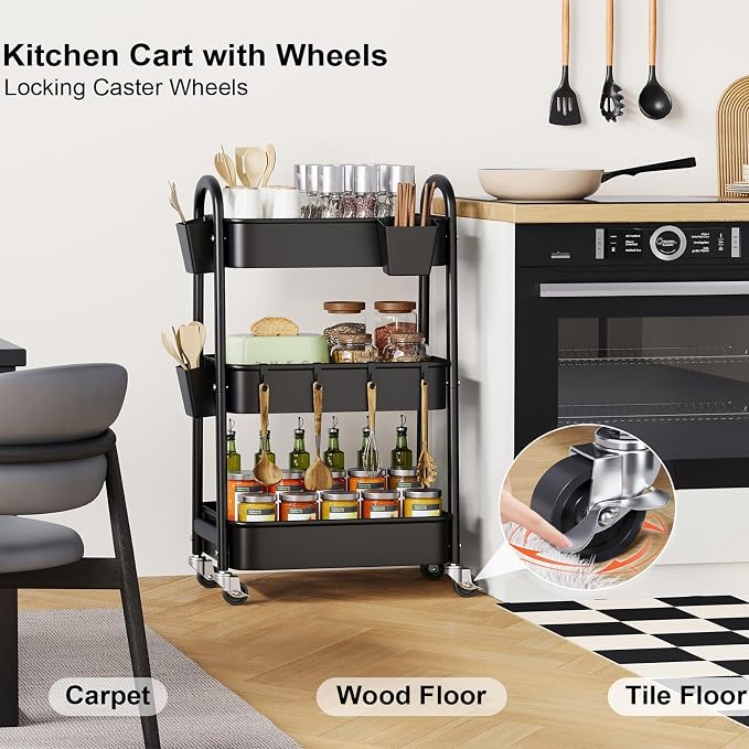 3 Tier Rolling Cart Metal with Wheels, Heavy Duty Three Tiered Rolling Storage - Image 4