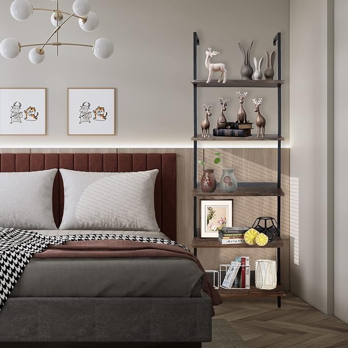 5 Tiers Ladder Shelf Brown Modern Bookshelf Open Tall Wall Mount Bookcase - Image 9