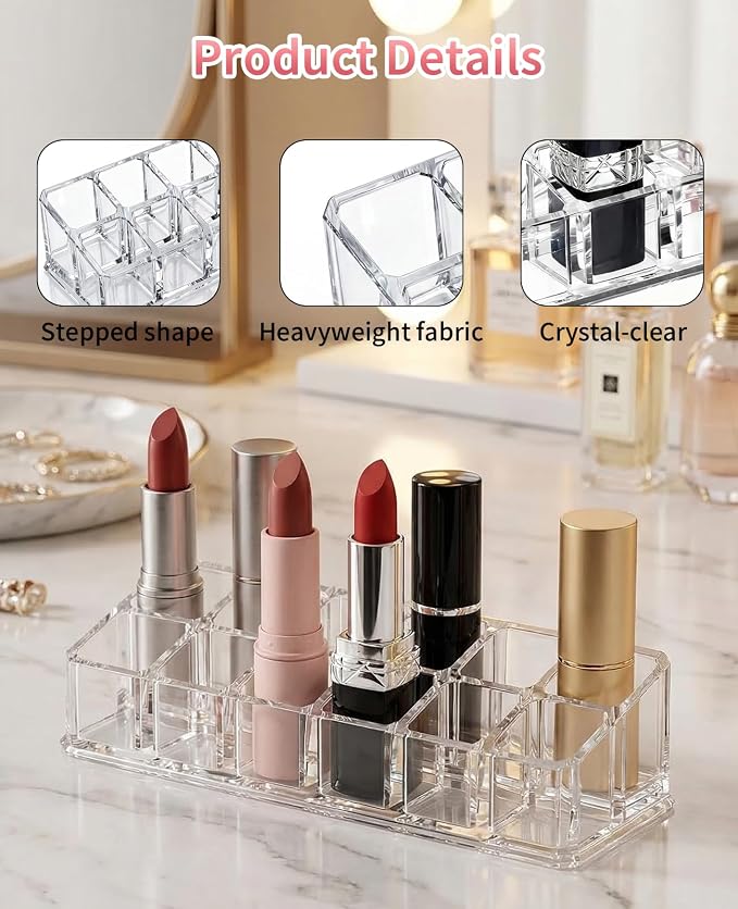 2 Pack 12 Slot Clear Acrylic Lipstick Organizer, Lip Stick Gloss Holder - Image 4
