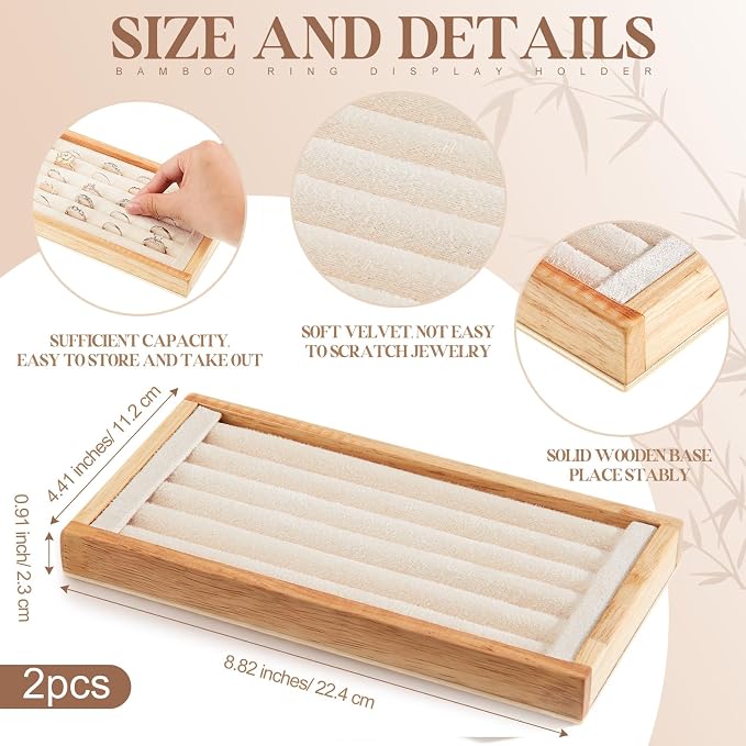 Novabright 2 Pcs Bamboo Ring Holder Bamboo Ring Display Stand 5 Slot Rings - Image 2