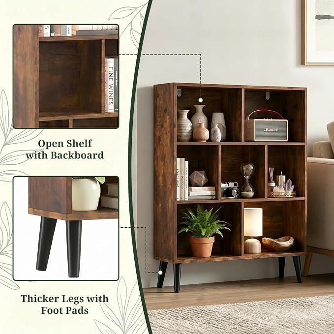 7 Cube Bookshelf, 3 Tier Mid-Century Modern Bookcase - Image 4