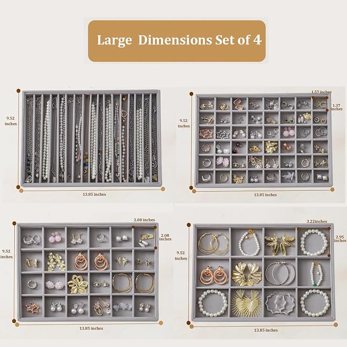 Large Jewelry Drawer Organizer Trays Set of 4, Stackable Velvet Jewelry Trays - Image 4