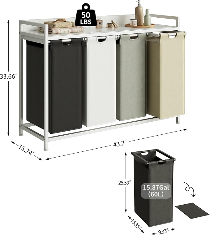 Laundry Hamper with Shelf, Laundry Basket 4 Section, Laundry Sorter with - Image 4
