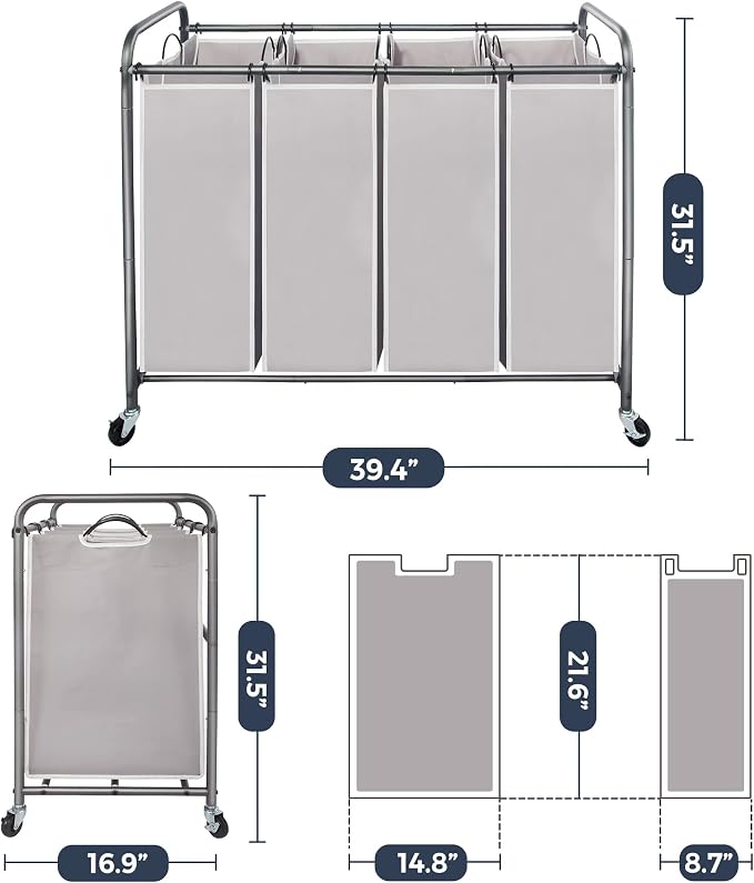 STO STO Laundry Sorter 4 Section, 4 Bag Laundry Hamper, Rolling Laundry Cart - Image 6