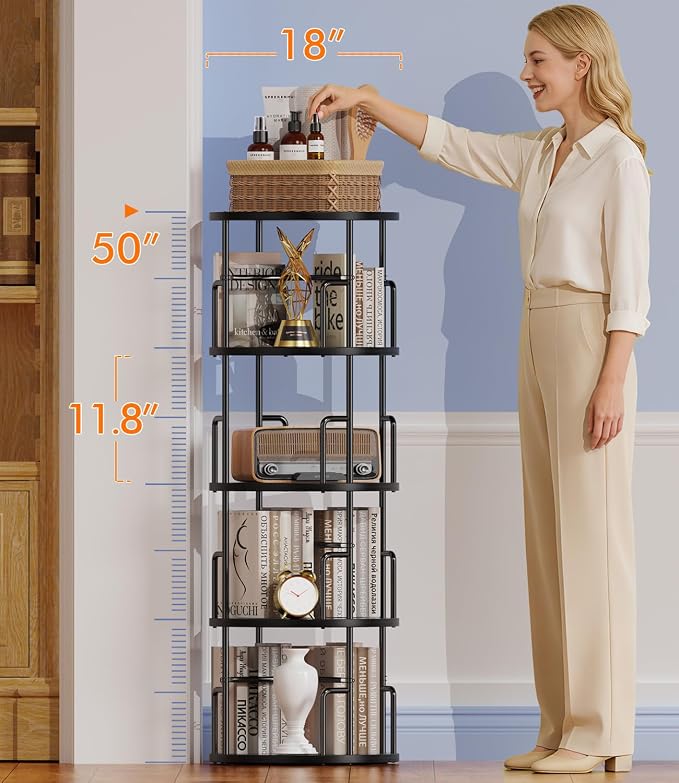 4 Tier Rotating Bookshelf Tower Round Black, 50” Floor Standing Spinning - Image 2