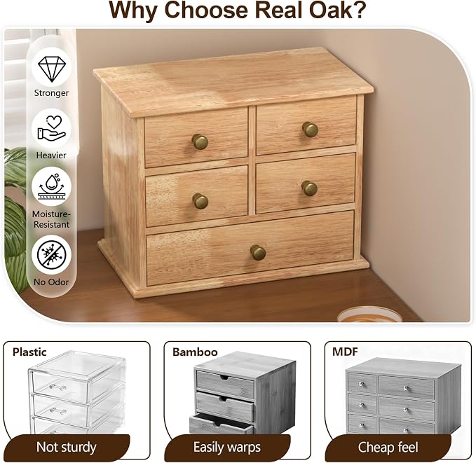 Oak Desk Organizer with Drawers, Durable Wooden Desktop Storage Box | 5 Drawer - Image 3