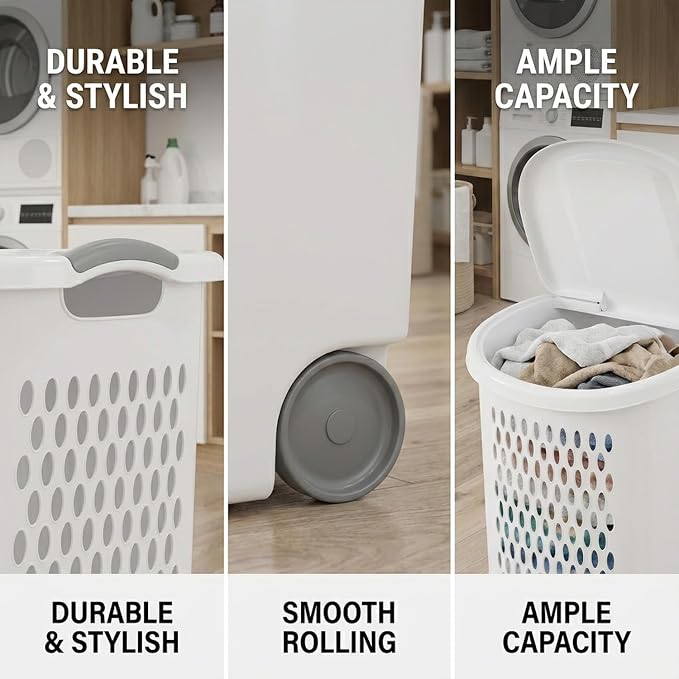 White Wheeled Plastic Laundry Hamper – Adult-Sized Rolling Basket - Image 3