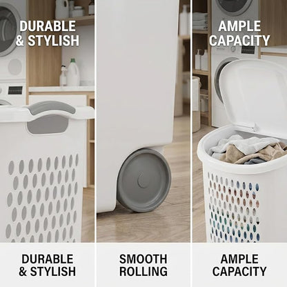 White Wheeled Plastic Laundry Hamper – Adult-Sized Rolling Basket - Image 3