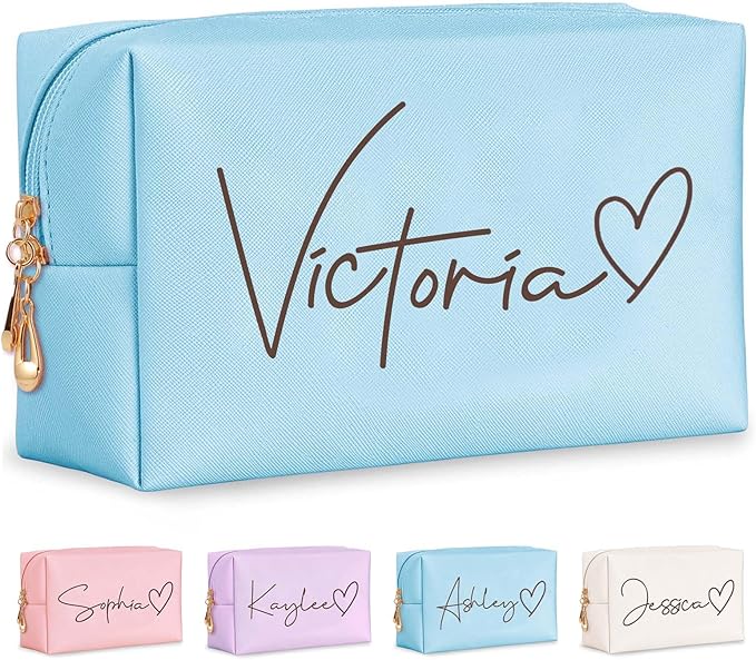Personalized Makeup Bag with Name & Birth Flower, Custom Leather Cosmetic Bags by Fincekoom