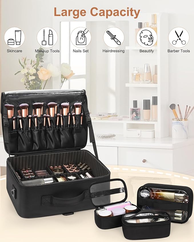 Relavel Large Makeup Bag with 3 Removable Pouches, Travel Train Case Cosmetic - Image 5