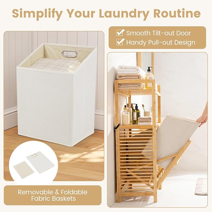 Giantex Double Tilt Out Laundry Hamper w/2-Tier Storage Shelf | 14 Gal Bamboo - Image 7