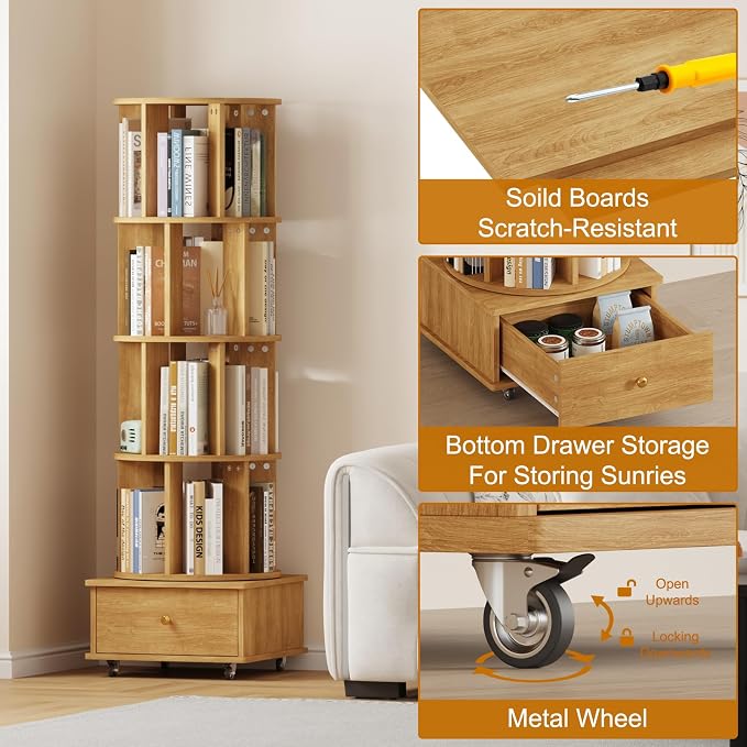 Rotating Bookshelf with Drawers on Lockable Wheels Wood Oak | 5 Tier Spinning - Image 5