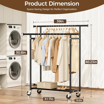 Clothes Rack, Double Rods Rolling Clothing Rack - Image 3