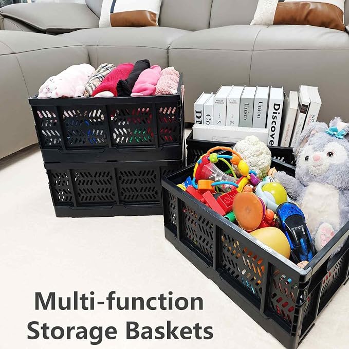 4-Pack Plastic Storage Crates, 20L Foldable Baskets, Collapsible Crates - Image 3